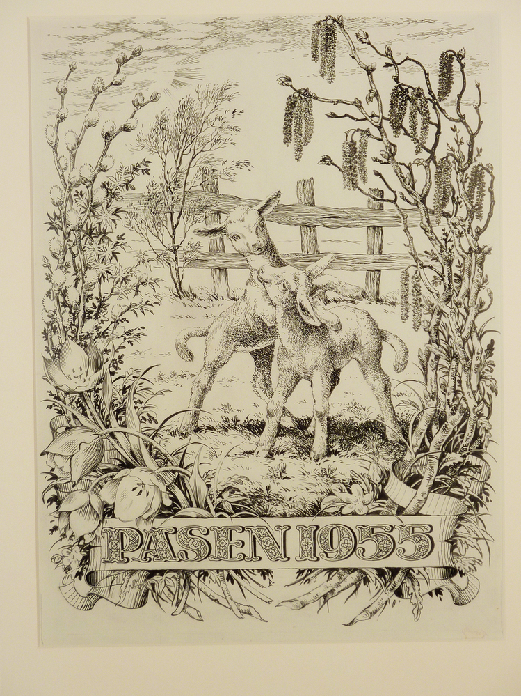 pentekening paasbode 1955 / lammetjes voor hek